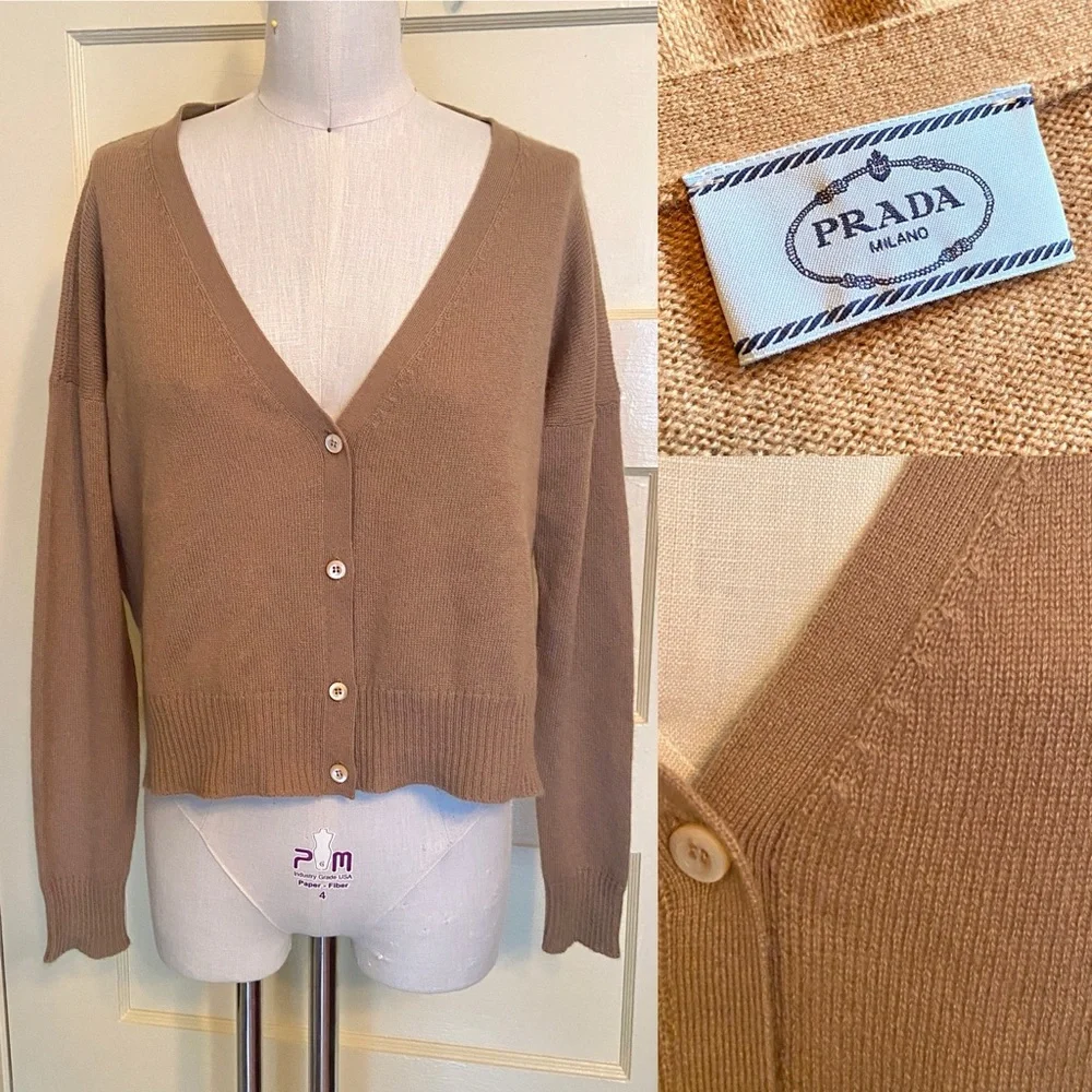 $1,250 Prada Cashmere Camel V Neck Cardigan